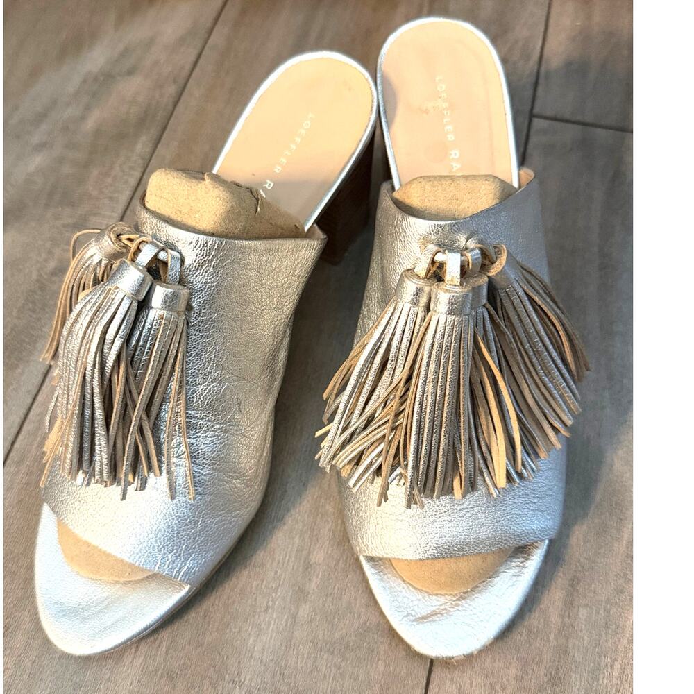 Loeffler Randall Kiki Silver Metallic Tassel Slide Sandals Heels Leather Size 9